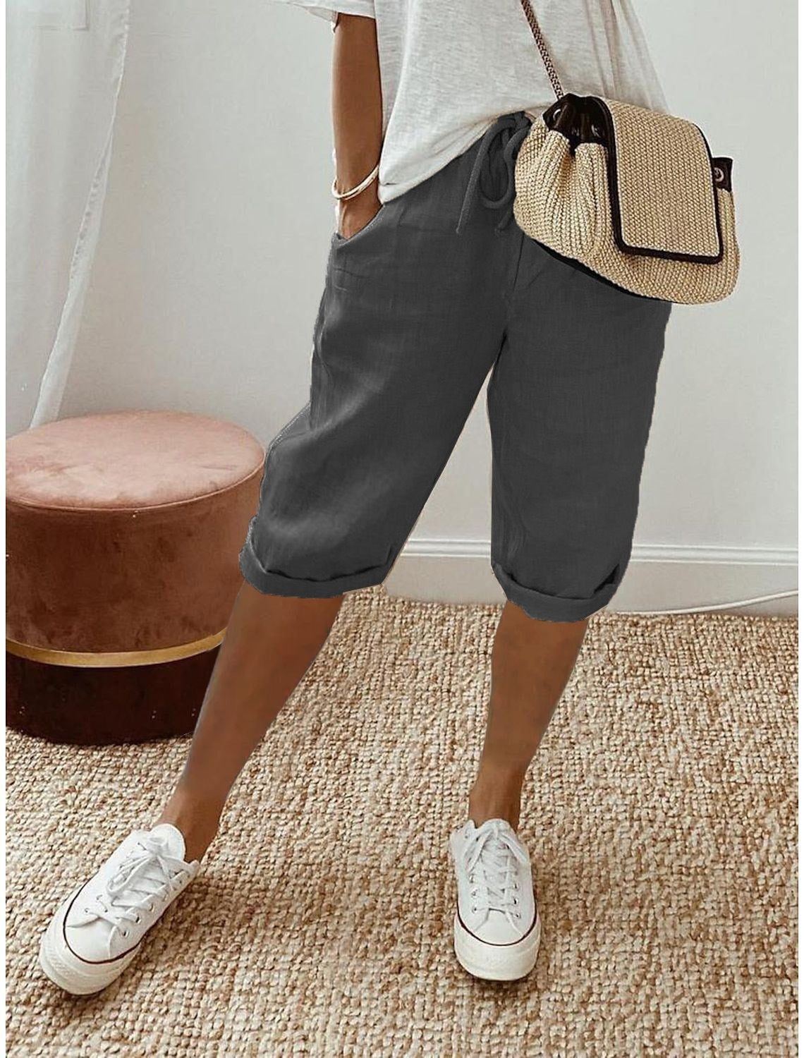 Women's Cotton And Linen Pocket Elasticated Slacks Women's Fifth Pants