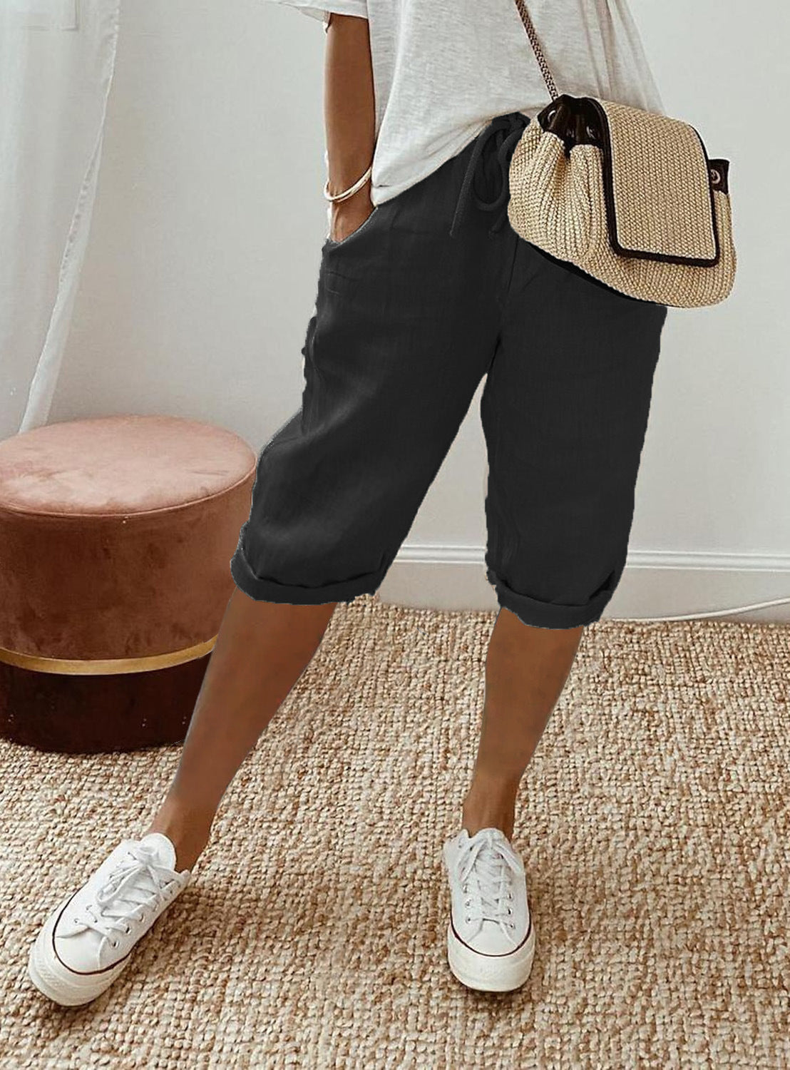 Women's Cotton And Linen Pocket Elasticated Slacks Women's Fifth Pants