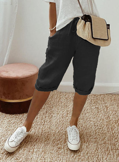 Women's Cotton And Linen Pocket Elasticated Slacks Women's Fifth Pants