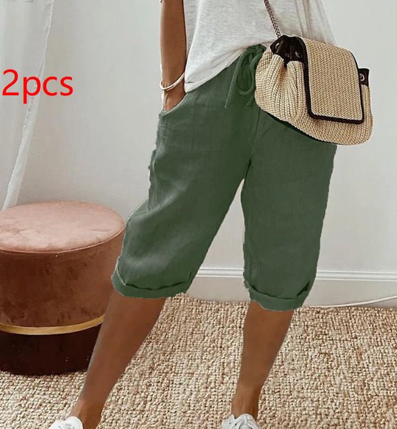 Women's Cotton And Linen Pocket Elasticated Slacks Women's Fifth Pants