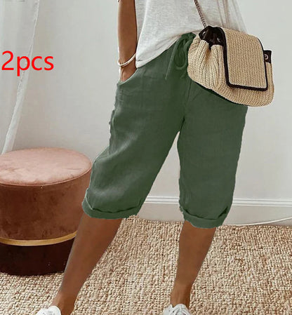 Women's Cotton And Linen Pocket Elasticated Slacks Women's Fifth Pants