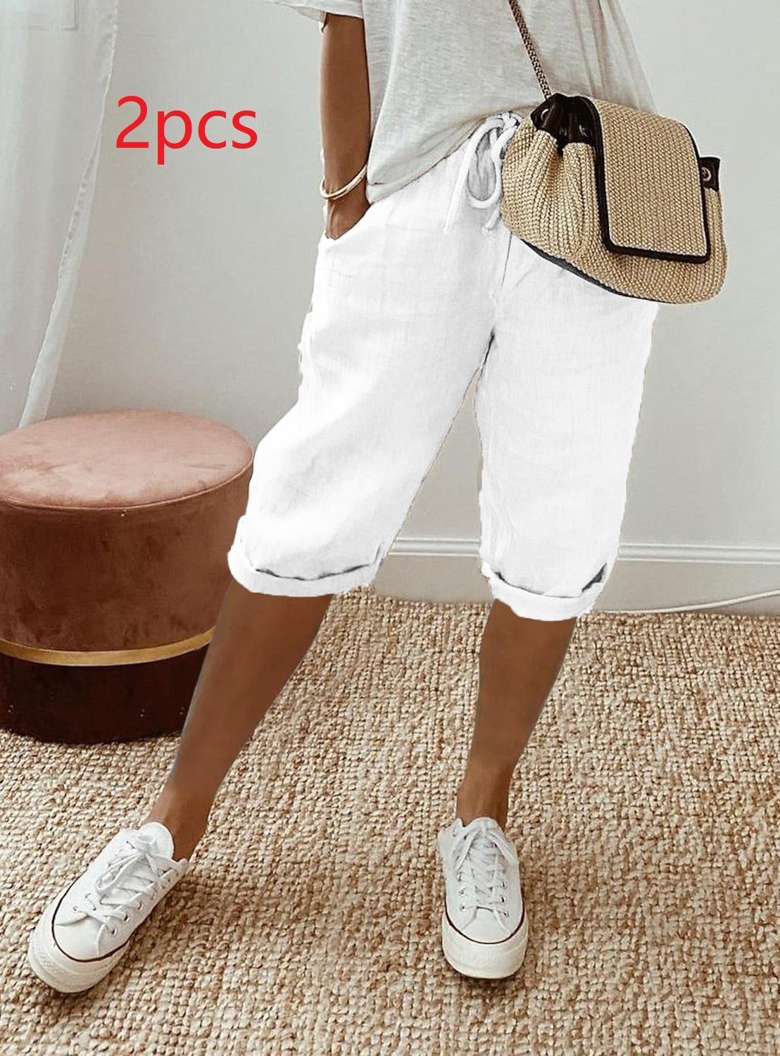 Women's Cotton And Linen Pocket Elasticated Slacks Women's Fifth Pants