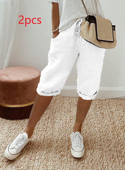 Women's Cotton And Linen Pocket Elasticated Slacks Women's Fifth Pants