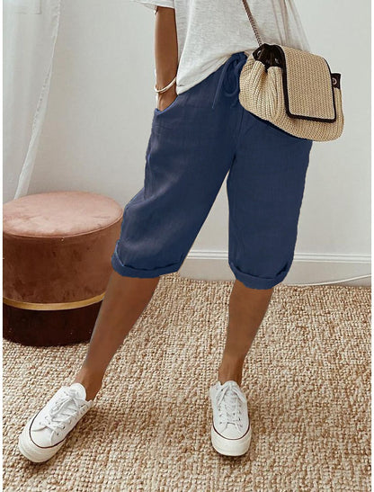 Women's Cotton And Linen Pocket Elasticated Slacks Women's Fifth Pants