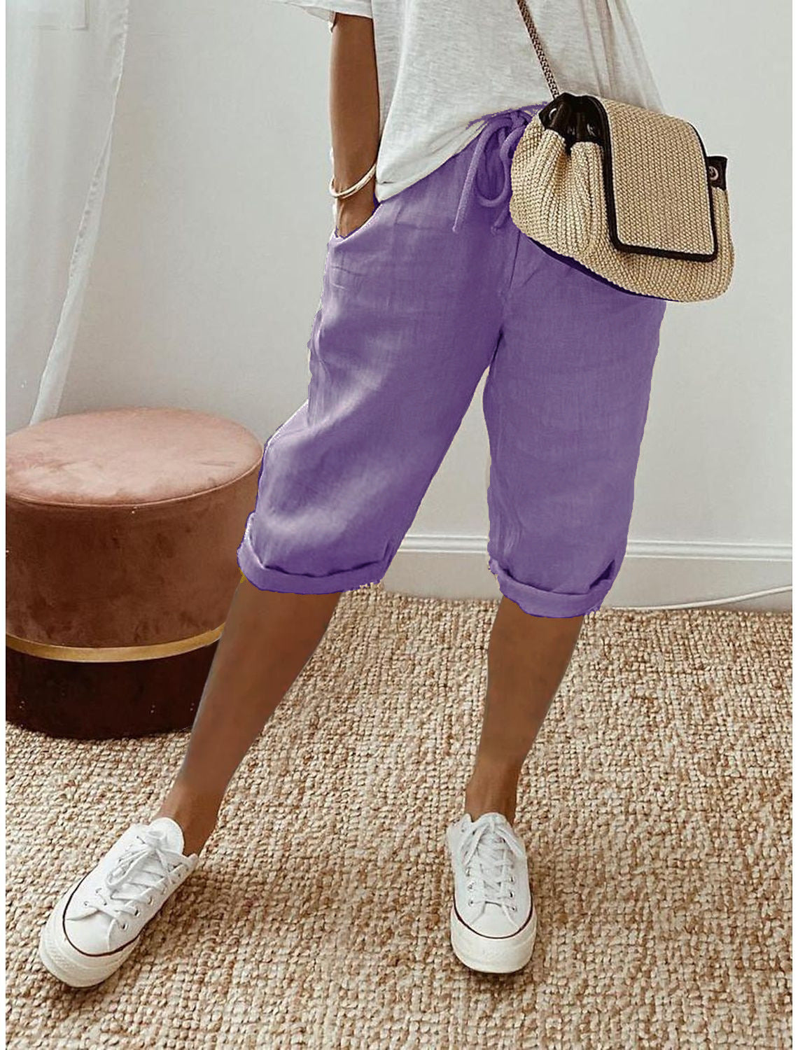 Women's Cotton And Linen Pocket Elasticated Slacks Women's Fifth Pants