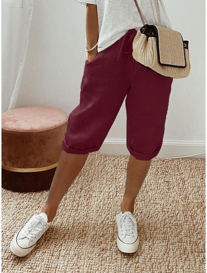 Women's Cotton And Linen Pocket Elasticated Slacks Women's Fifth Pants