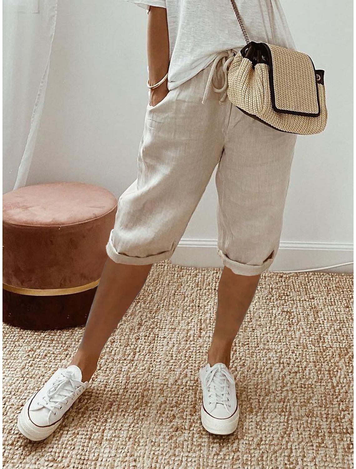 Women's Cotton And Linen Pocket Elasticated Slacks Women's Fifth Pants
