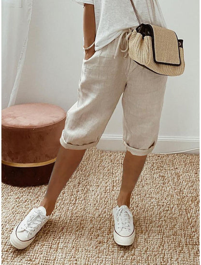 Women's Cotton And Linen Pocket Elasticated Slacks Women's Fifth Pants
