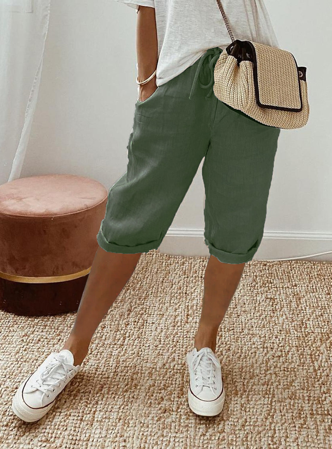 Women's Cotton And Linen Pocket Elasticated Slacks Women's Fifth Pants