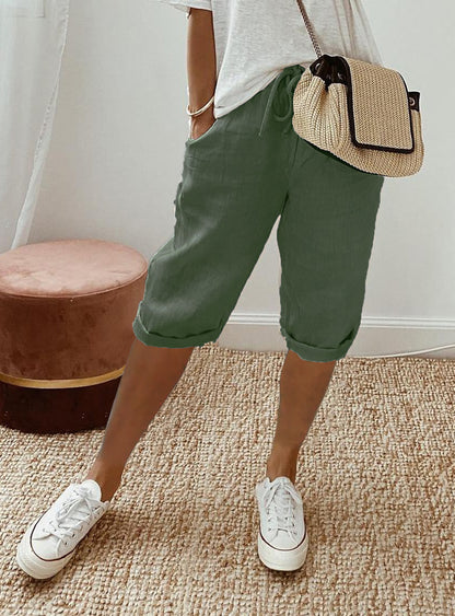 Women's Cotton And Linen Pocket Elasticated Slacks Women's Fifth Pants